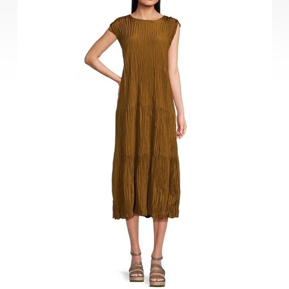 Eileen Fisher Large Bronze Crushed Silk Cap Sleeve Tiered Midi Dress NWT $388 - Picture 1 of 15